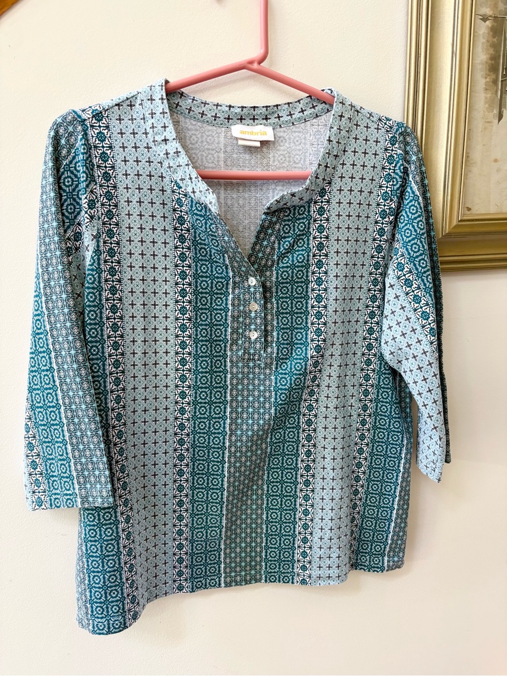 Aventura Teal and Light Blue Printed Henley Tunic